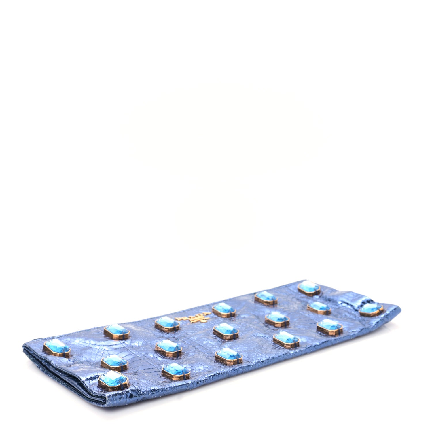 Prada Metallic Snakeskin Jeweled Clutch Denim 4 of 9