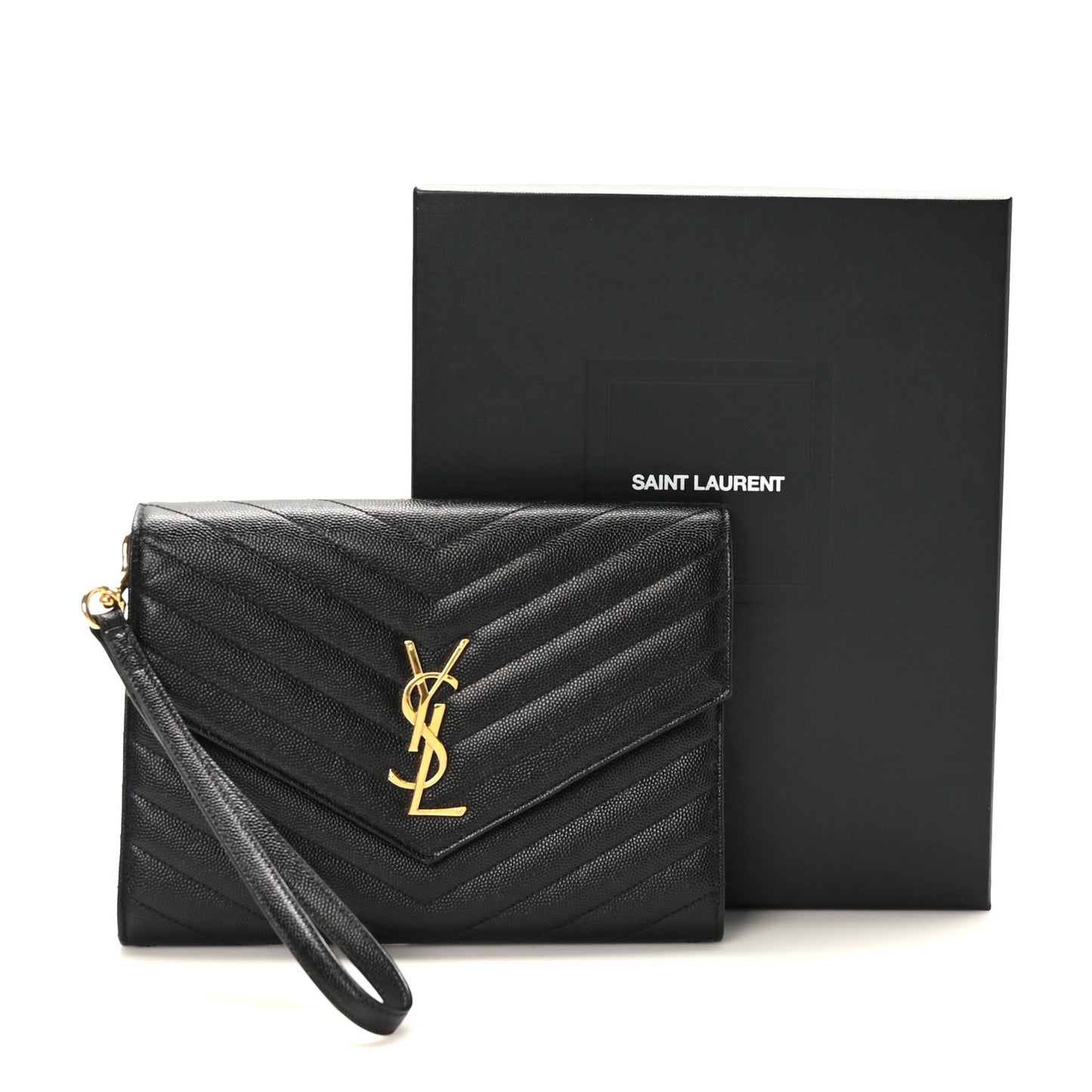 Grain De Poudre Matelasse Chevron Monogram Envelope Clutch Black