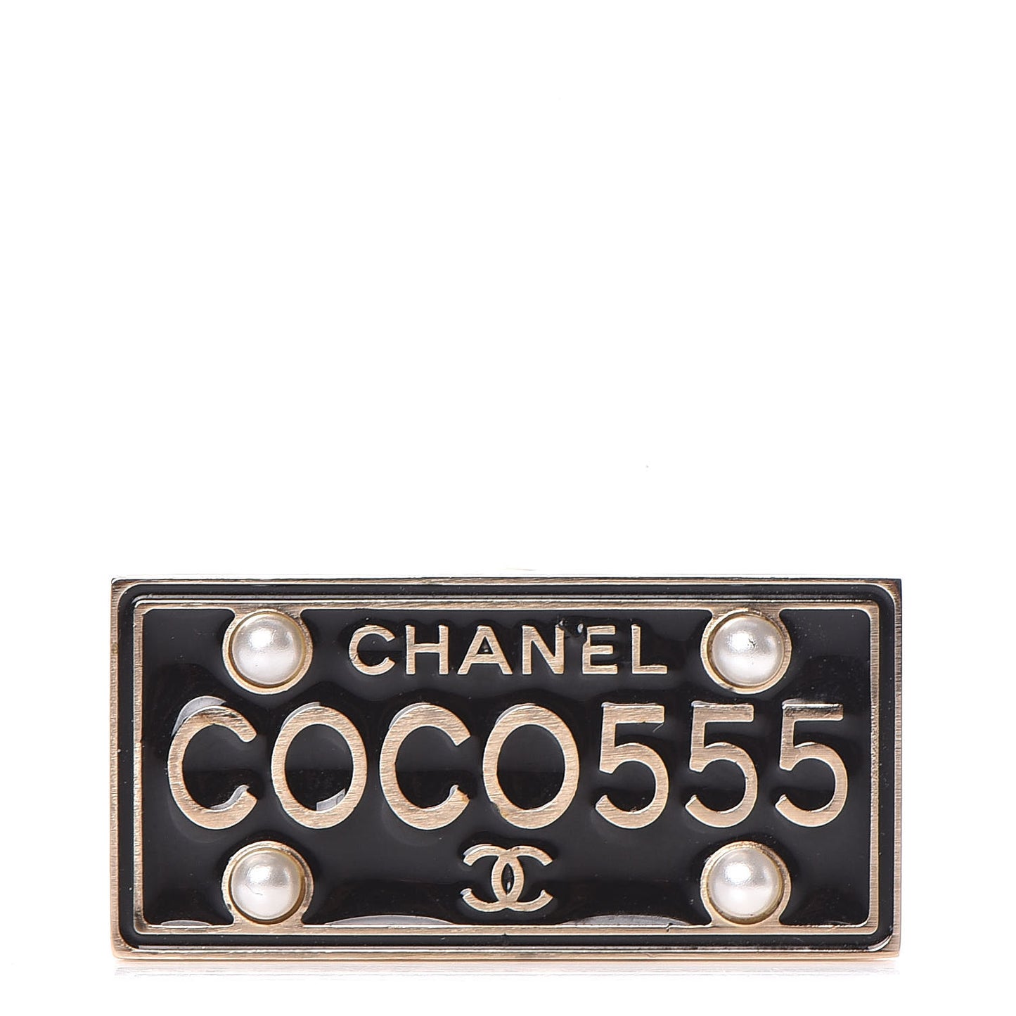 Metal Resin Pearl Coco License Plate Brooch Black Gold