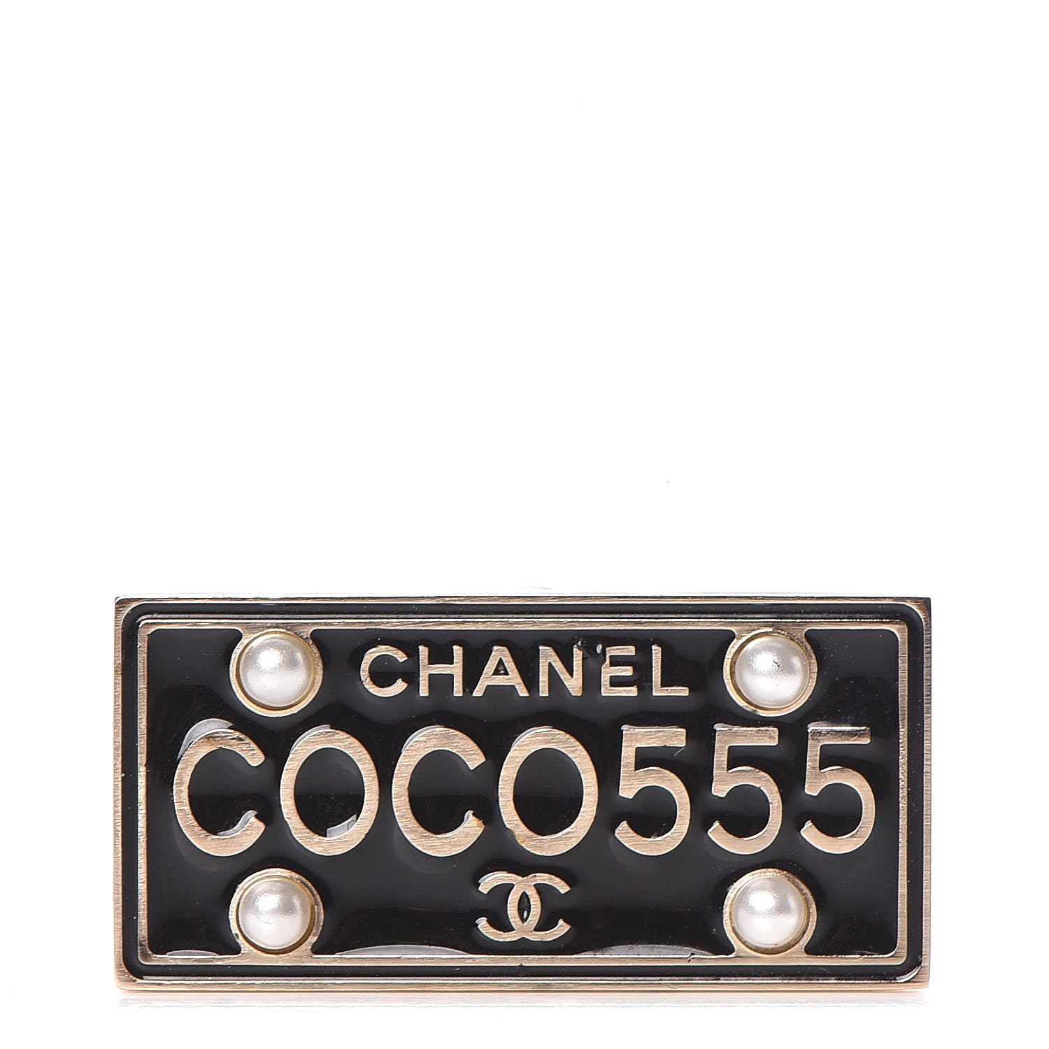 Chanel Metal Resin Pearl Coco License Plate Brooch Black Gold 1 of 5