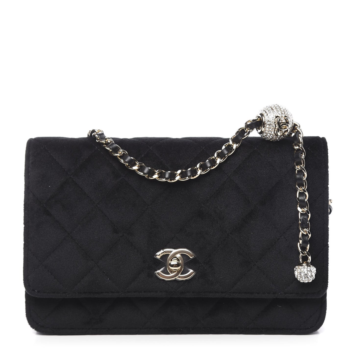 Velvet Quilted Pearl Crush Wallet On Chain WOC Black