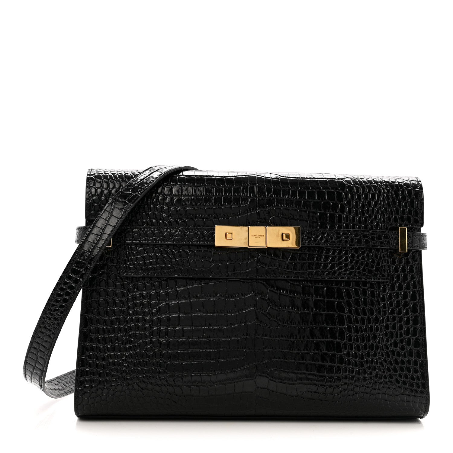 Saint Laurent Shiny Calfskin Crocodile Embossed Manhattan Baguette Black 1 of 11