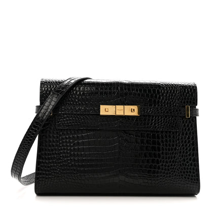 Saint Laurent Shiny Calfskin Crocodile Embossed Manhattan Baguette Black 1 of 11