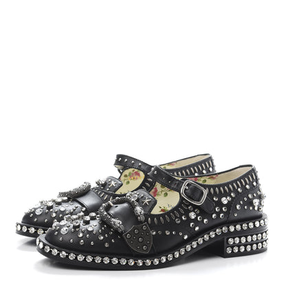 Gucci Calfskin Crystal Studded Womens Queercore Brogue Monk Strap Loafers 37.5 Black 3 of 10