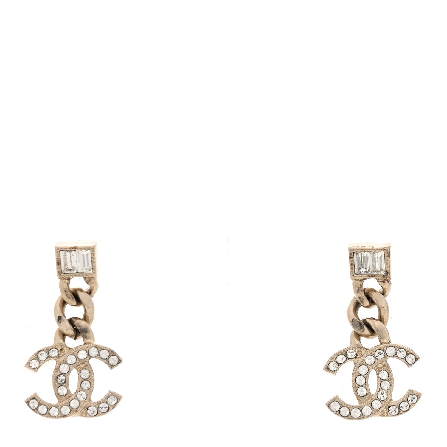 Chanel Metal Crystal Baguette CC Chain Drop Earrings Gold 1 of 5