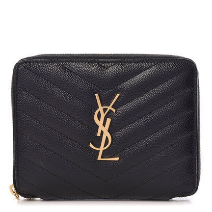 Saint Laurent Grain De Poudre Matelasse Chevron Monogram Compact Zip Around Wallet Black 1 of 8