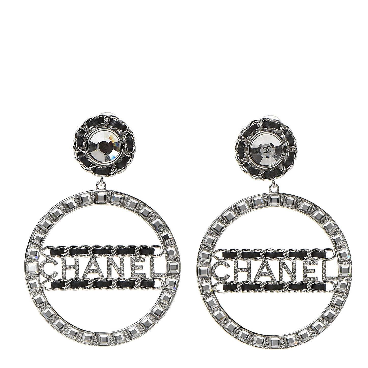 Crystal Lambskin Chain CC Hoop Clip On Earrings Black Silver