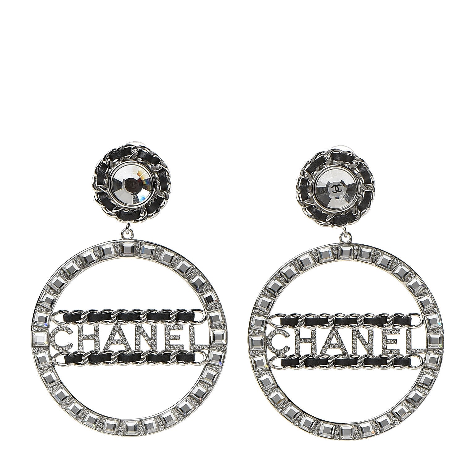 Chanel Crystal Lambskin Chain CC Hoop Clip On Earrings Black Silver 1 of 4
