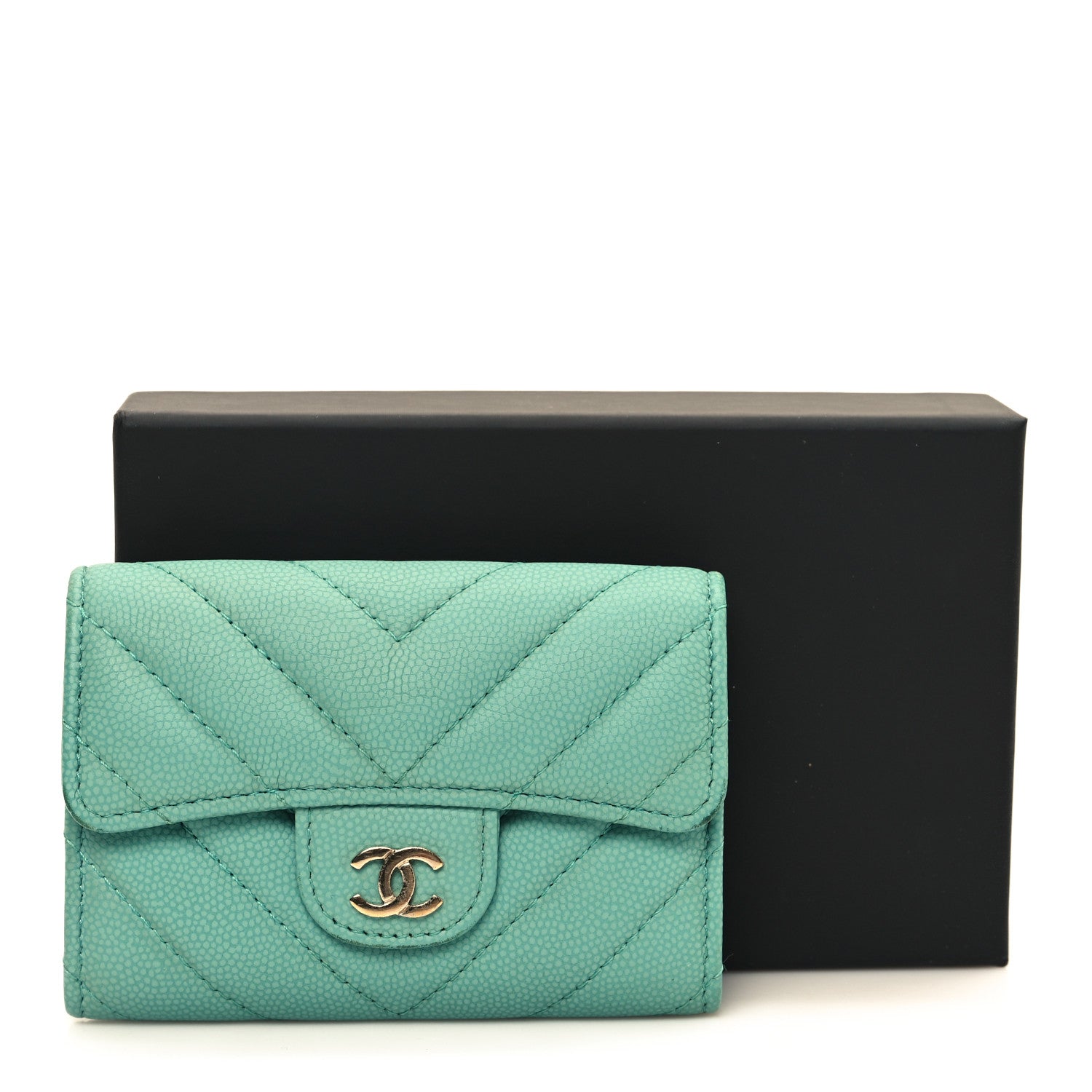 Chanel Caviar Flat Chevron Quilted Flap Card Holder Green 10 of 10