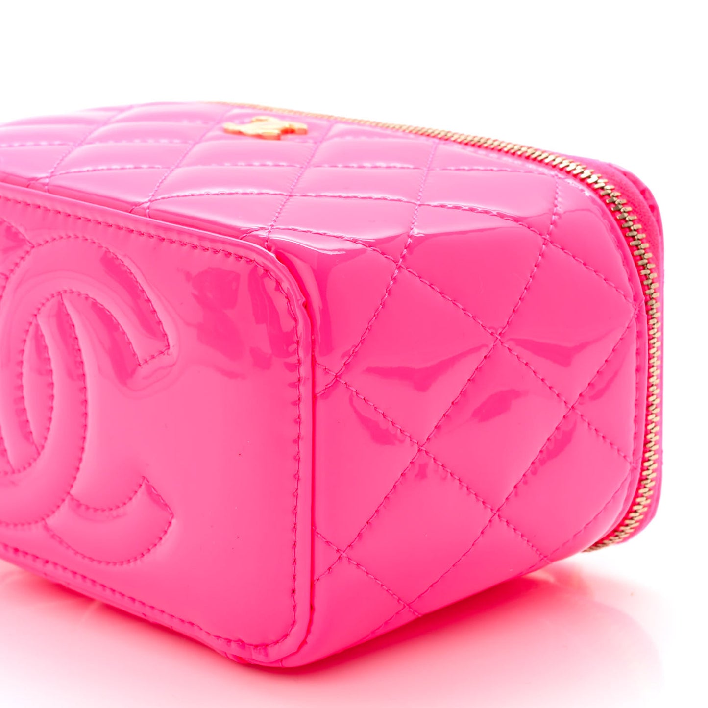 Patent Quilted Pearl Crush Small Vanity Case With Chain Neon Pink