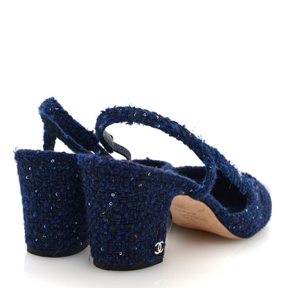 Chanel Tweed Patent Cap Toe CC Slingback Pumps 39.5 Blue Black 7 of 18