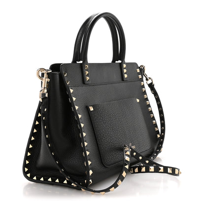 Valentino Garavani Pebbled Calfskin Rockstud Double Handle Tote  Black 3 of 9