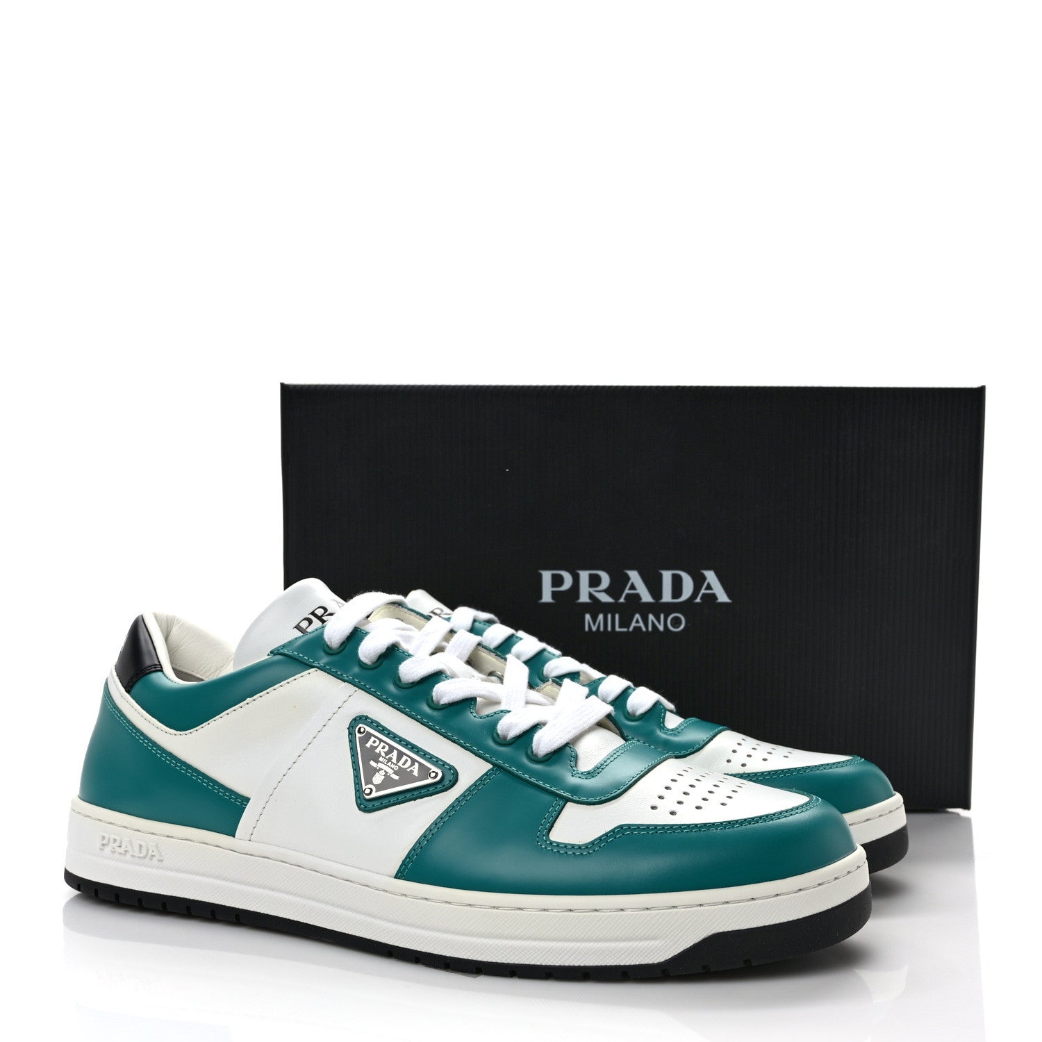 Prada Vitello Sport Spazzolato Rois Metal Triangle Logo Mens Downtown Low Top Sneakers 10 White Green 10 of 10