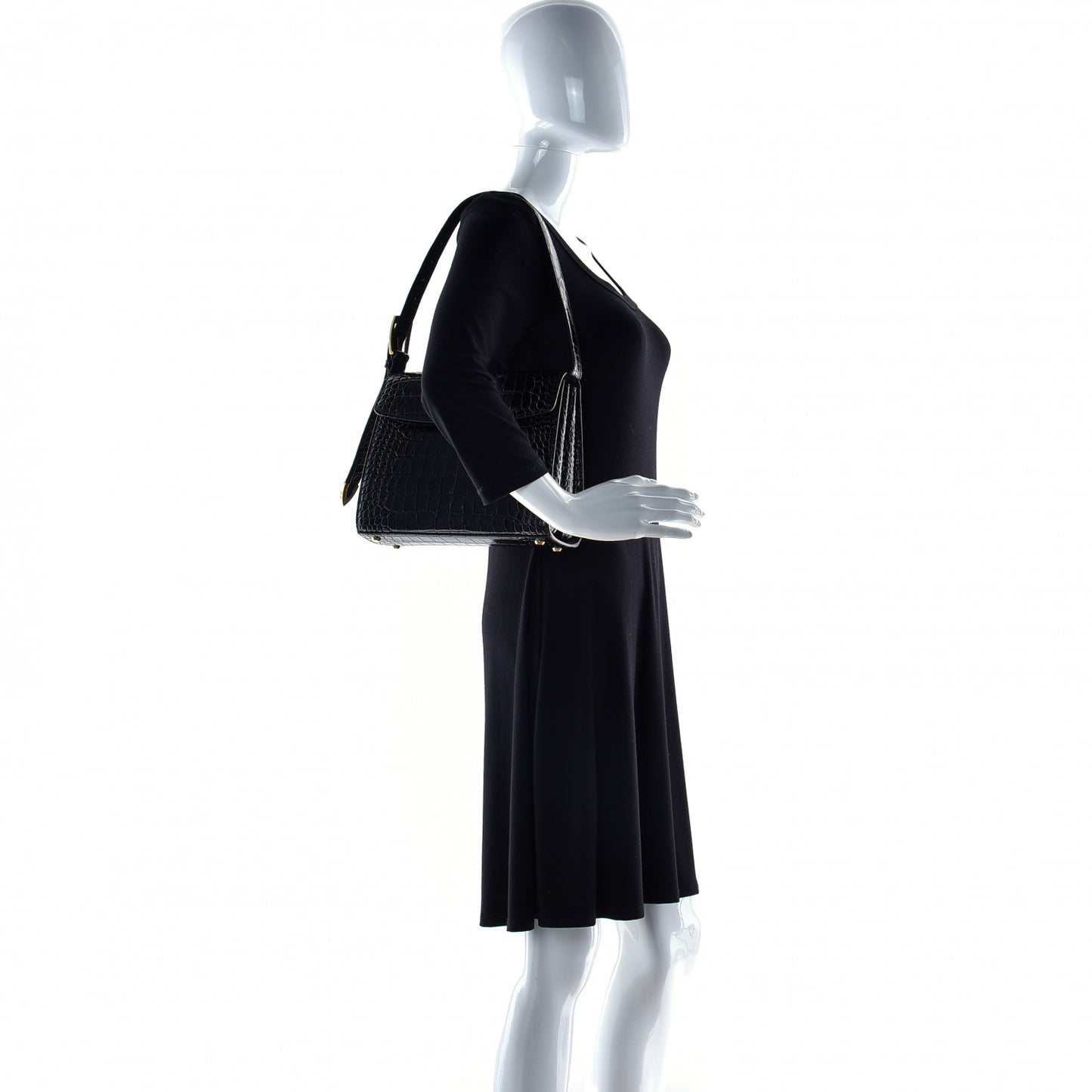 Shiny Calfskin Crocodile Embossed Medium Ghost Shoulder Bag Black