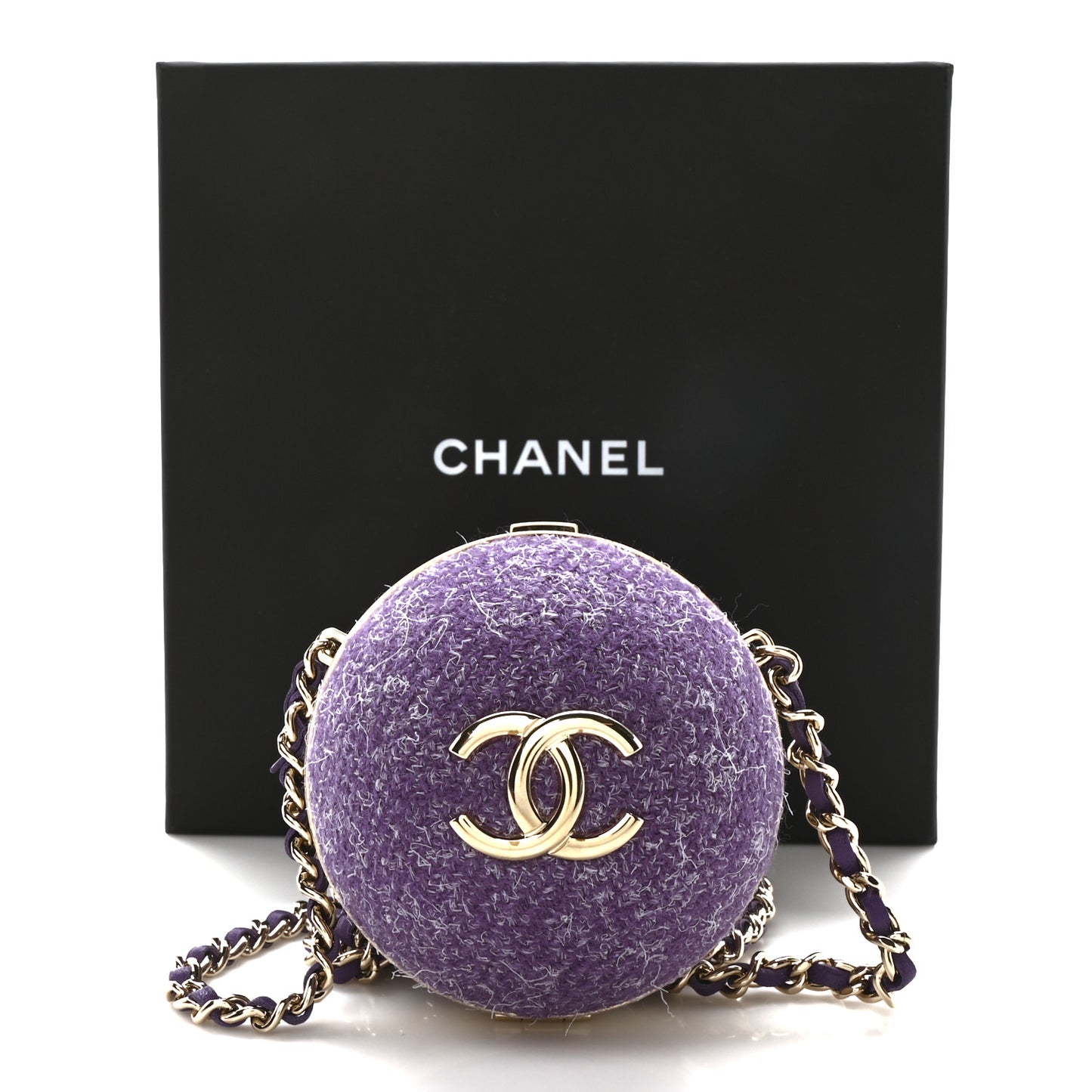 Tweed Minaudiere Round Chain Clutch Purple