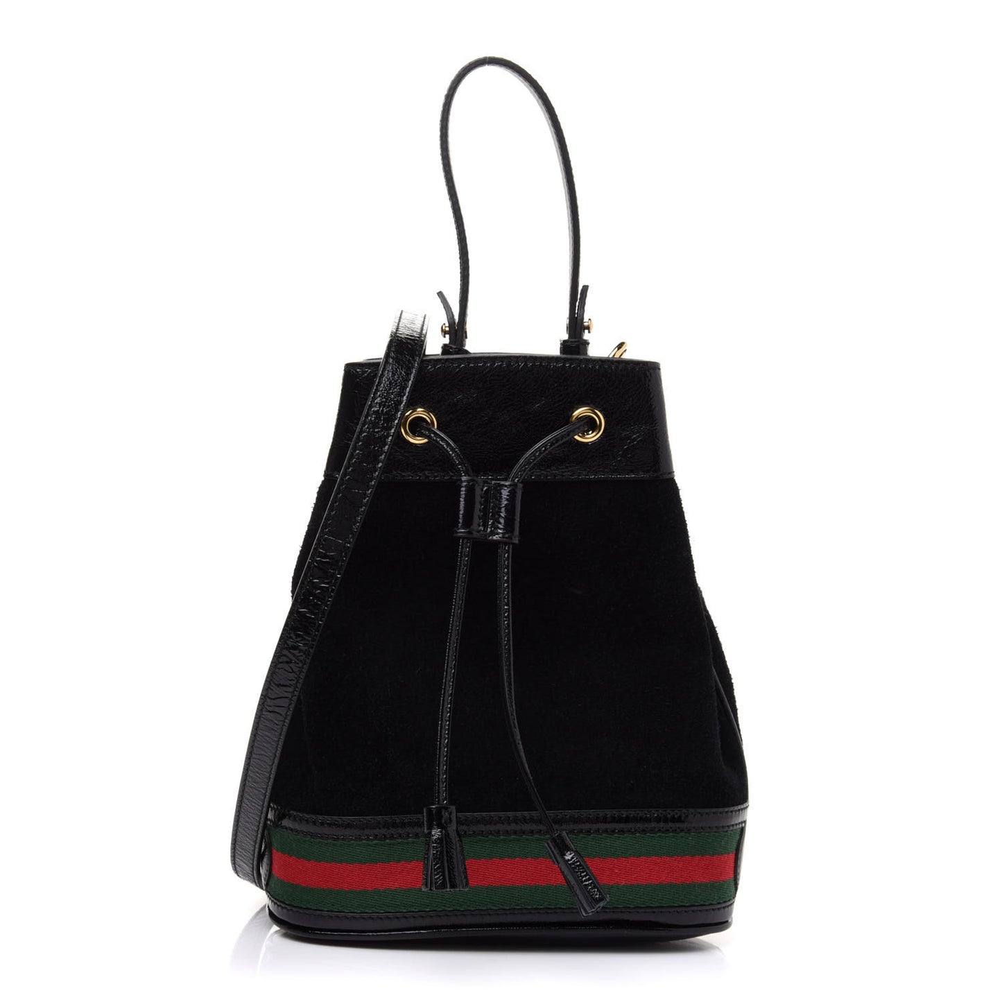 Suede Patent Web Small Ophidia Bucket Bag Black