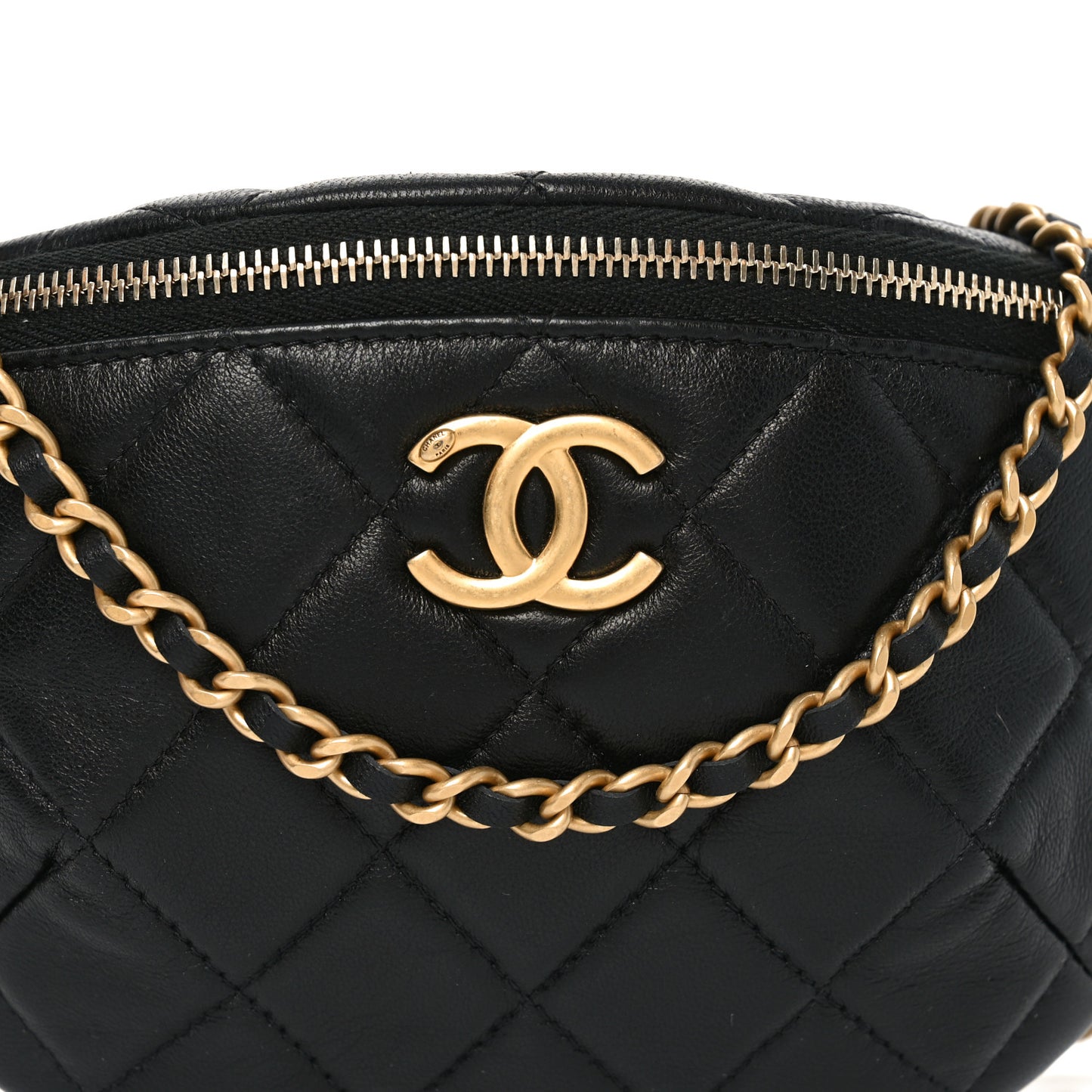 Shiny Lambskin Quilted CC Slide Waist Bag Fanny Pack Black