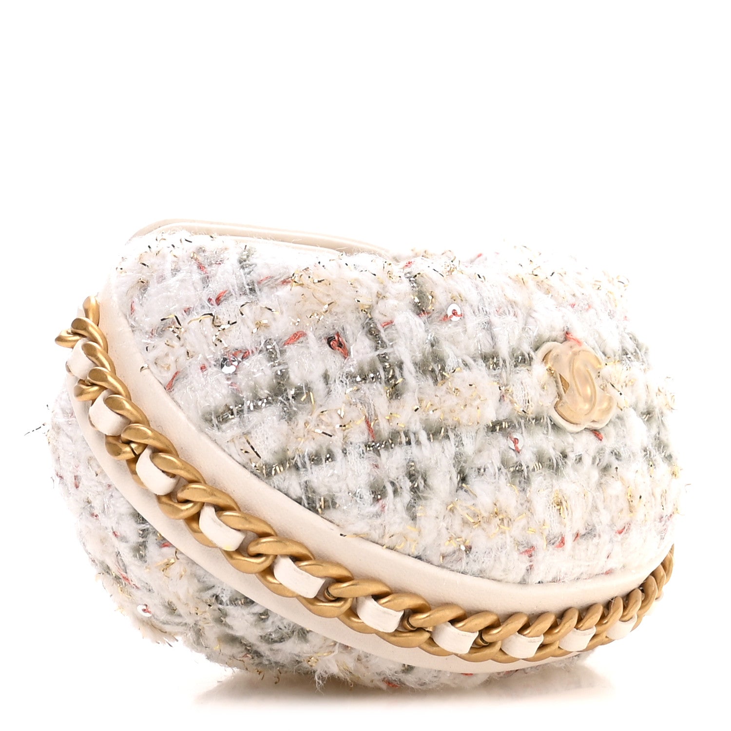 Chanel Wool Tweed Quilted Chain Around Mini Pouch Ecru Khaki Gold Red 3 of 9