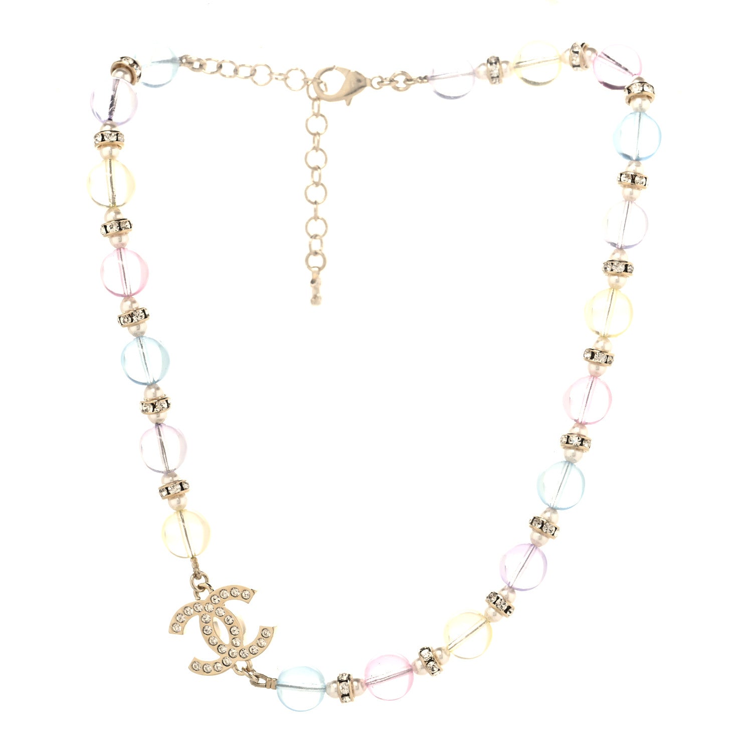 Chanel Metal Glass Pearl Strass Beaded CC Necklace Gold Pearly