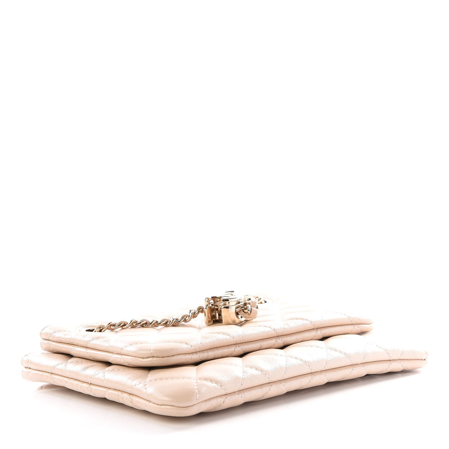 Shiny Lambskin Quilted Small Double Case With Strap Beige