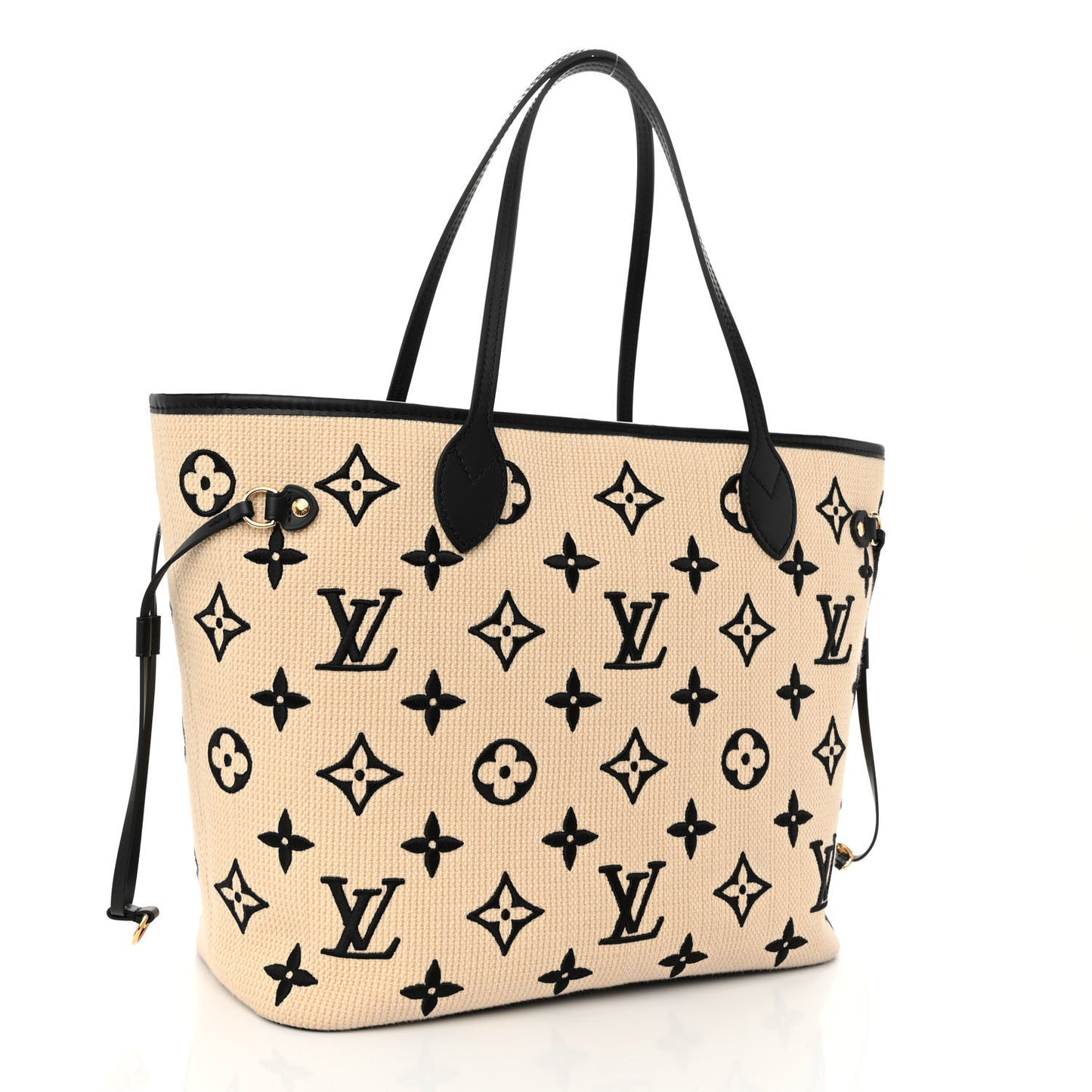 Cotton Monogram Embroidered Neverfull MM Beige Black
