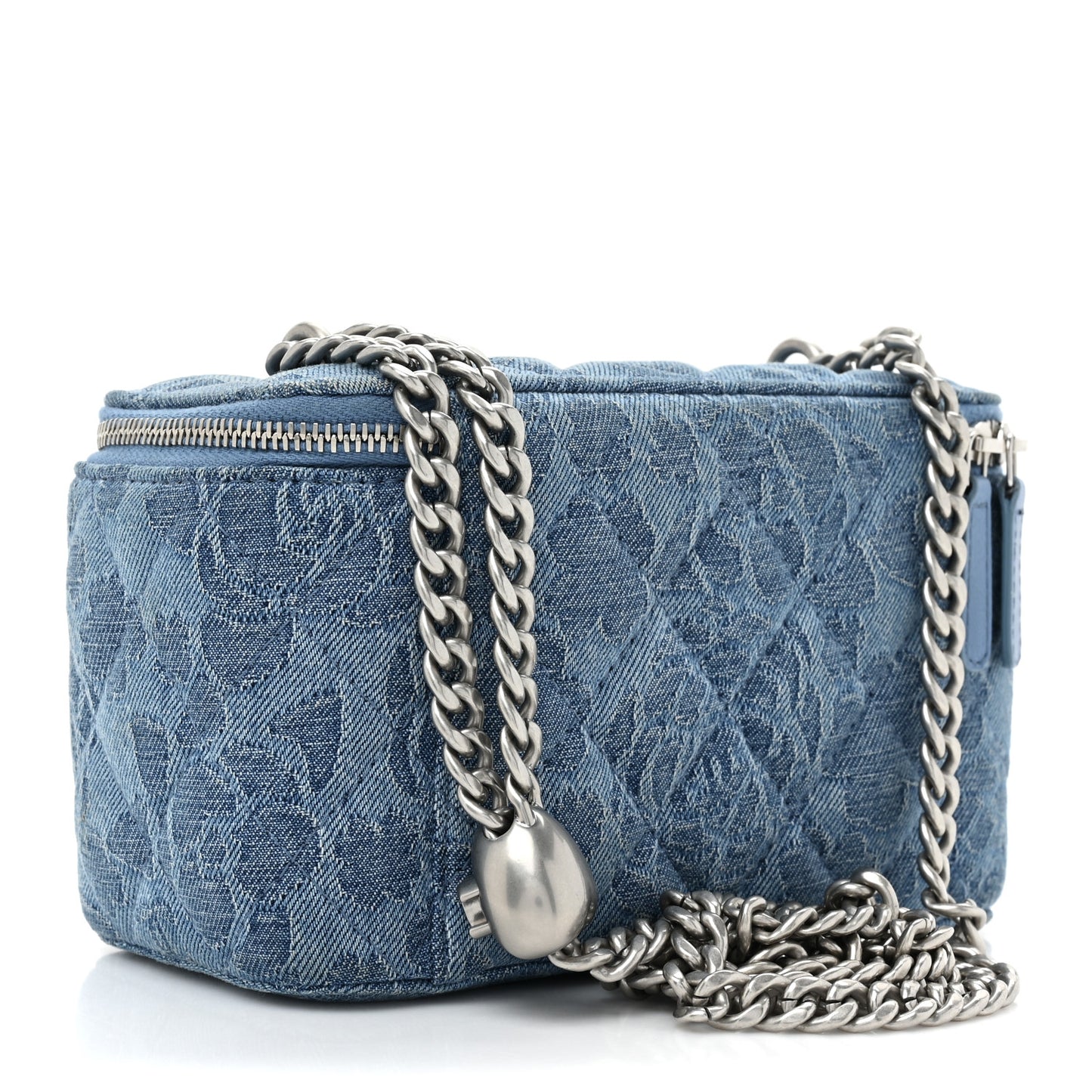 Denim Quilted Sweetheart Small Vanity Case With Chain Blue