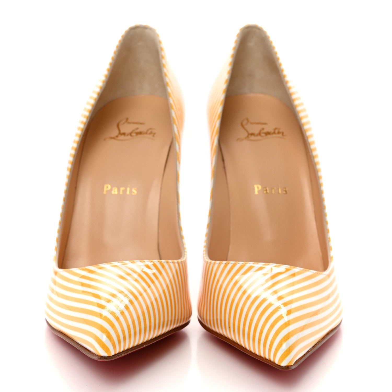 Christian Louboutin Patent Pigalle Follies Stripes 100 Pumps 38 Banana White 2 of 14