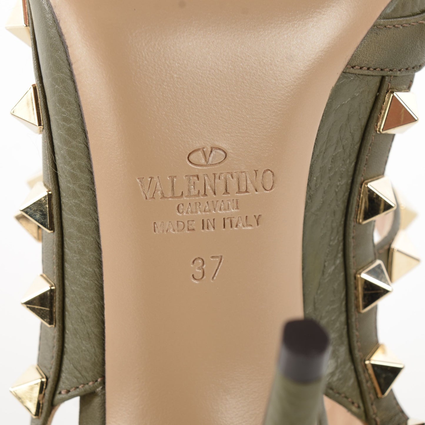 Pebbled Calfskin Rockstud Ankle Strap Pumps 37 Army Green
