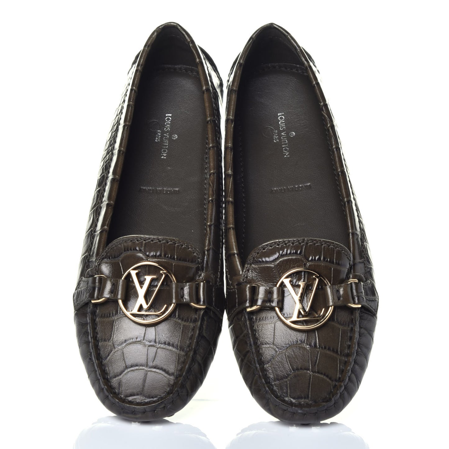 Calfskin Crocodile Embossed Dauphine Loafers 36.5 Green
