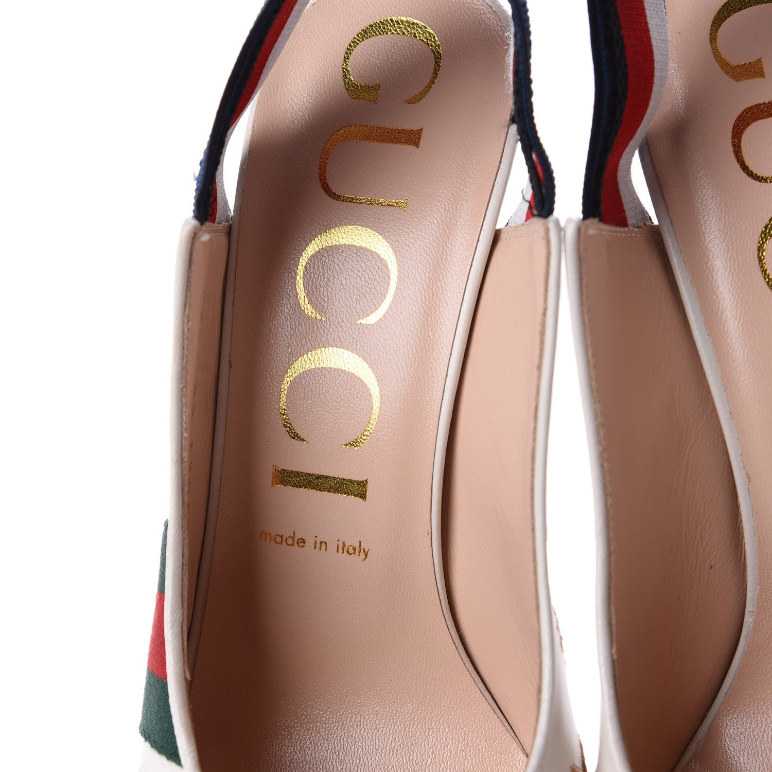 Gucci Malaga Kid Web Bee Star Embroidered Sylvie High Heel Slingback Pumps 40 White 9 of 12