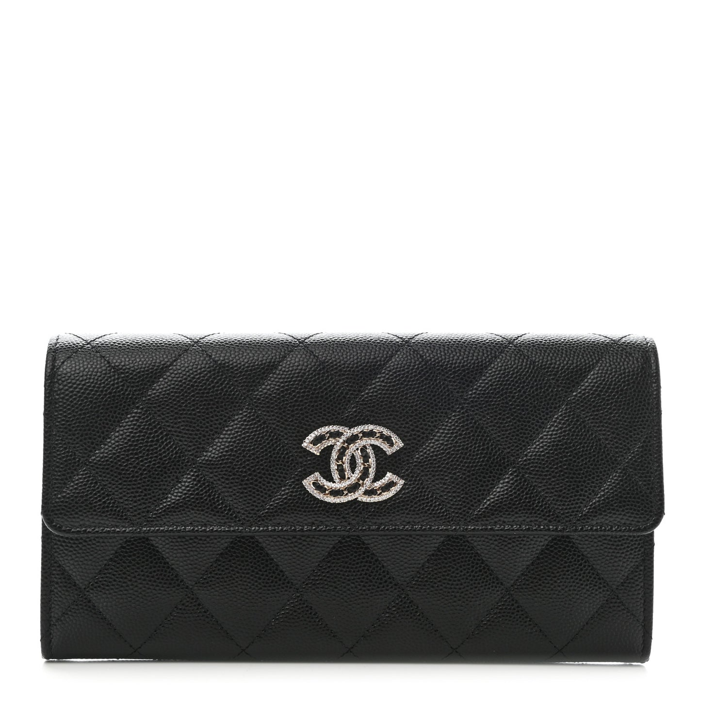Caviar Quilted Crystal CC Large Gusset Flap Wallet Black