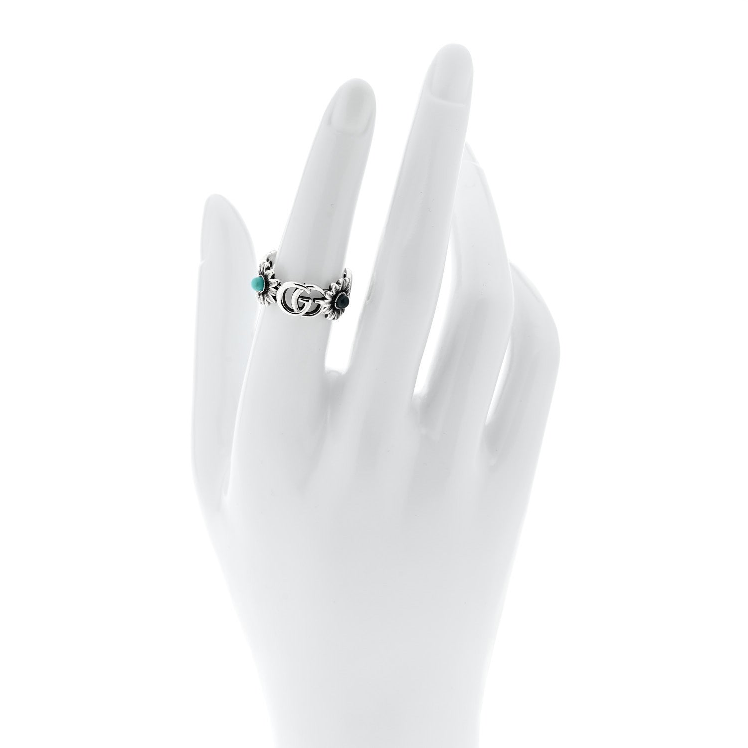 Gucci Sterling Silver Mother of Pearl Blue Topaz Flower Marmont Double G Ring 53 6.5 2 of 7