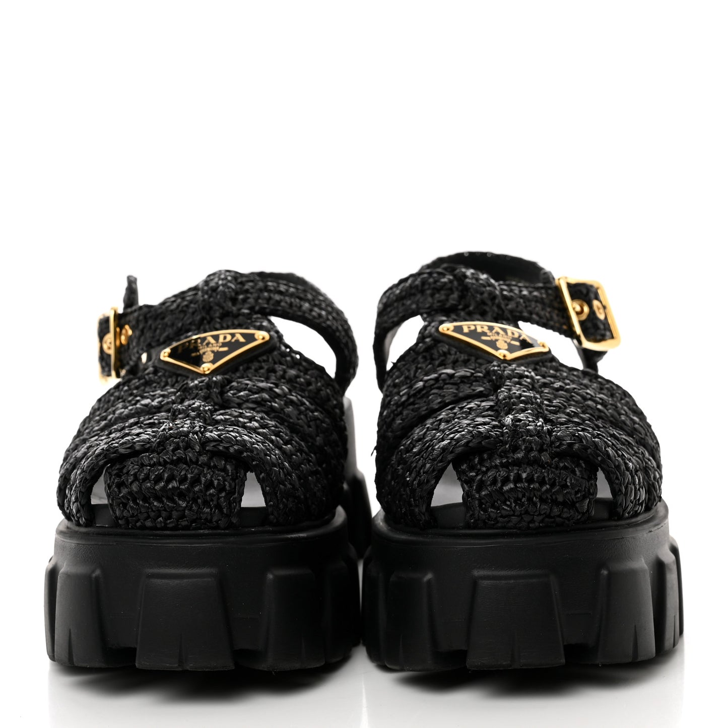 Raffia Metal Triangle Logo Crochet Monolith 55mm Cage Sandals 35 Black