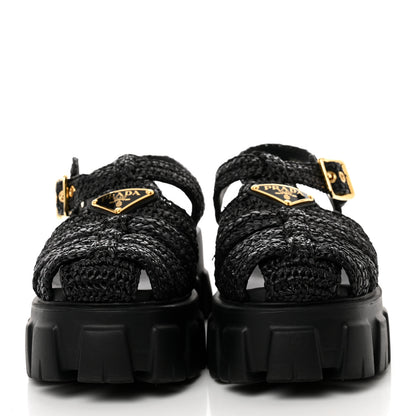 Prada Raffia Metal Triangle Logo Crochet Monolith 55mm Cage Sandals 35 Black 2 of 9