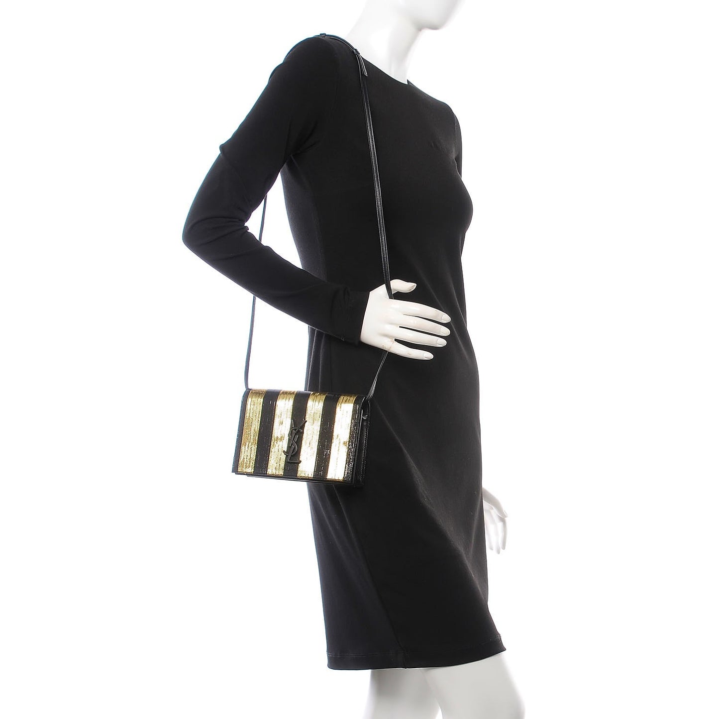 Metallic Calfskin Striped Small Monogram Kate Satchel Black Gold