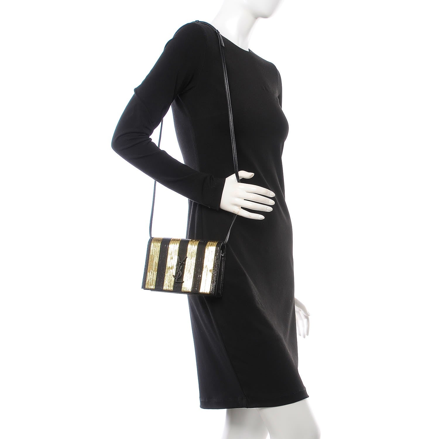Saint Laurent Metallic Calfskin Striped Small Monogram Kate Satchel Black Gold 2 of 7
