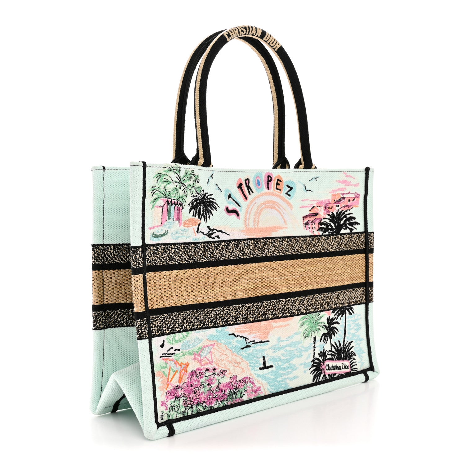 Christian Dior Canvas Embroidered Souvenir Saint Tropez Medium Book Tote Natural Multicolor 3 of 12