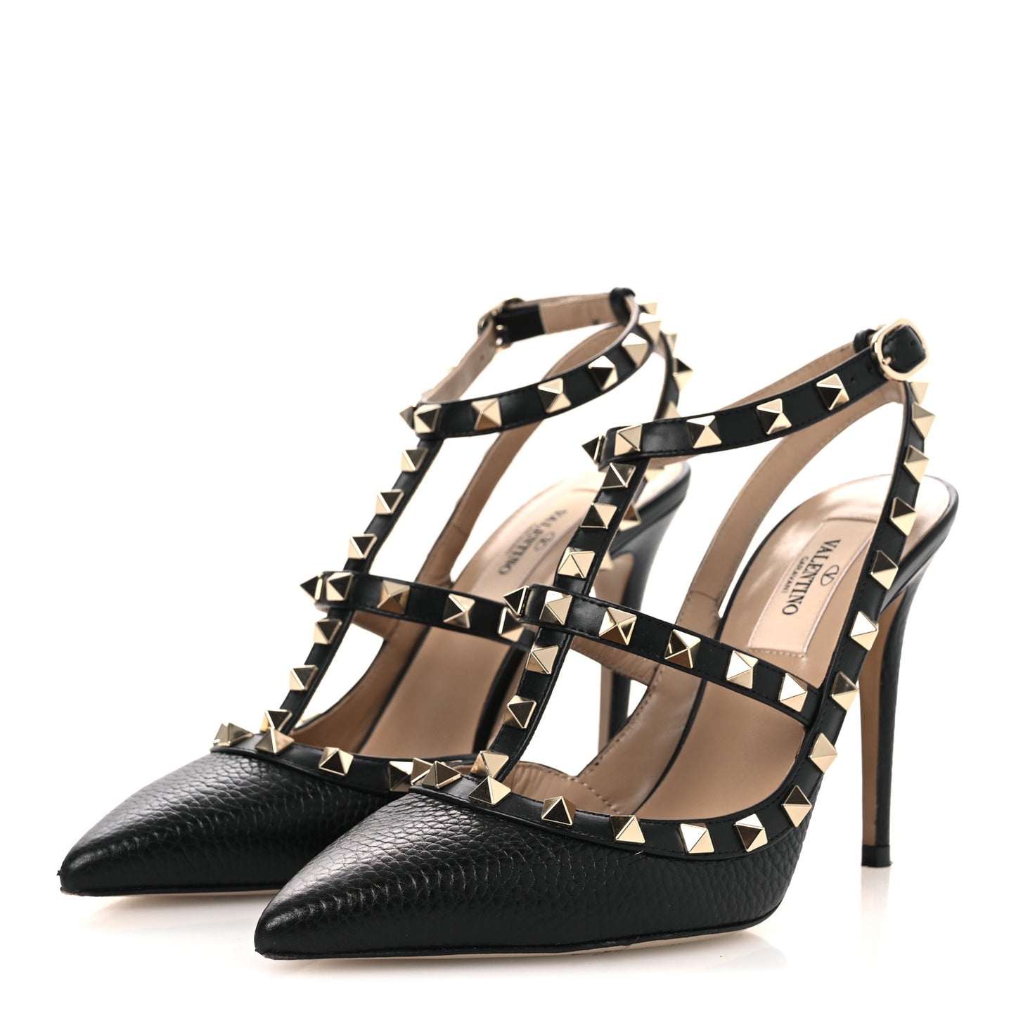 Pebbled Calfskin Rockstud Ankle Strap 100mm Pumps 37.5 Black