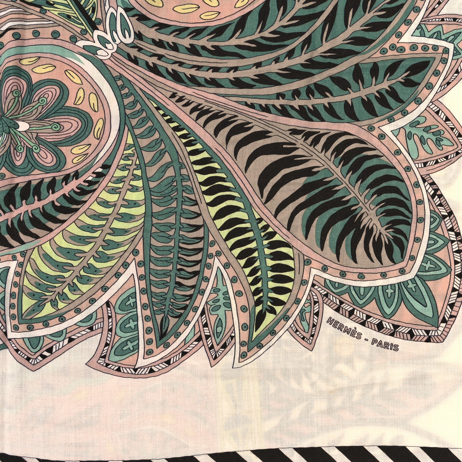 Hermes Cashmere Silk Le Jardin De La Maharani Recadre Shawl 140 White Vert Amande Beige Rose 2 of 4