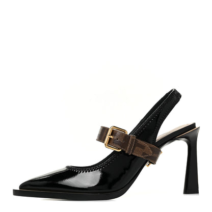 Fendi Patent FF Open Toe Platform Slingback Pumps 36 Black 1 of 8