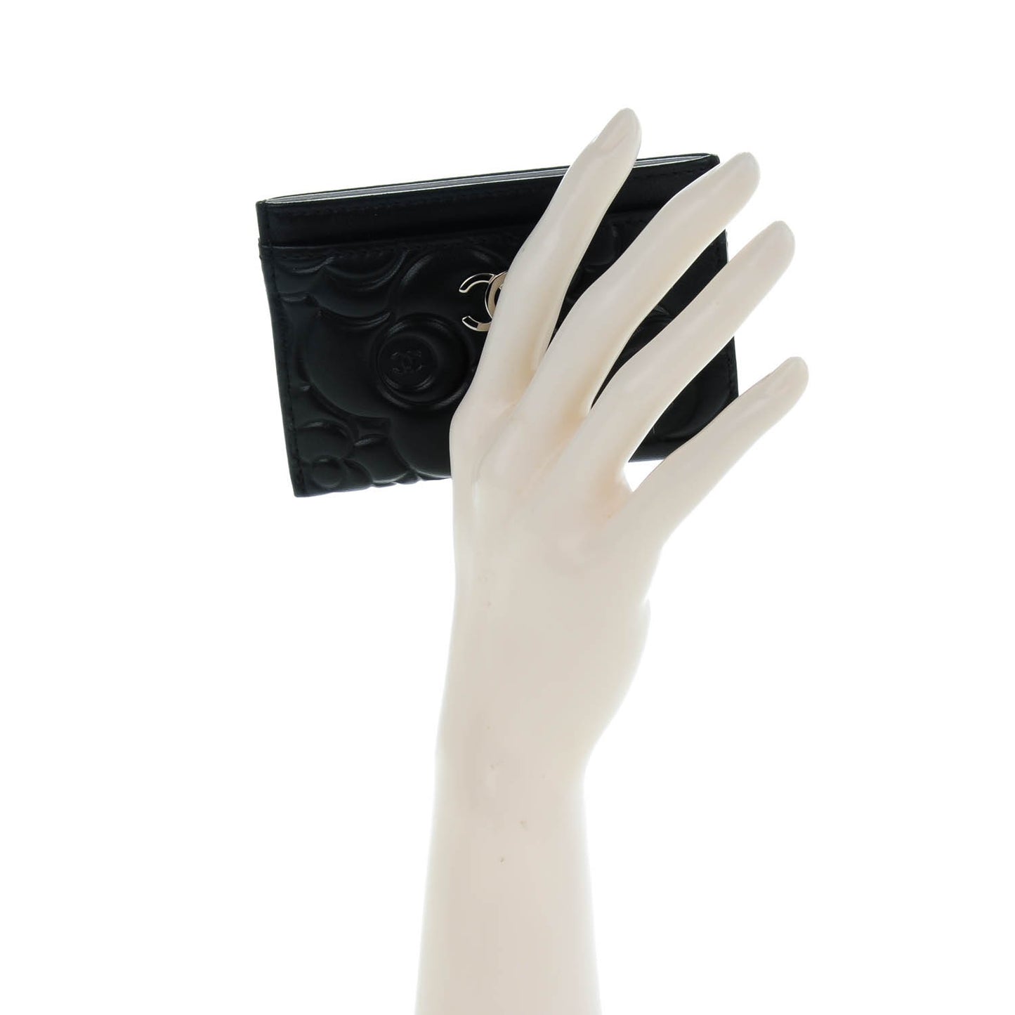 Lambskin Camellia Embossed Card Holder Black