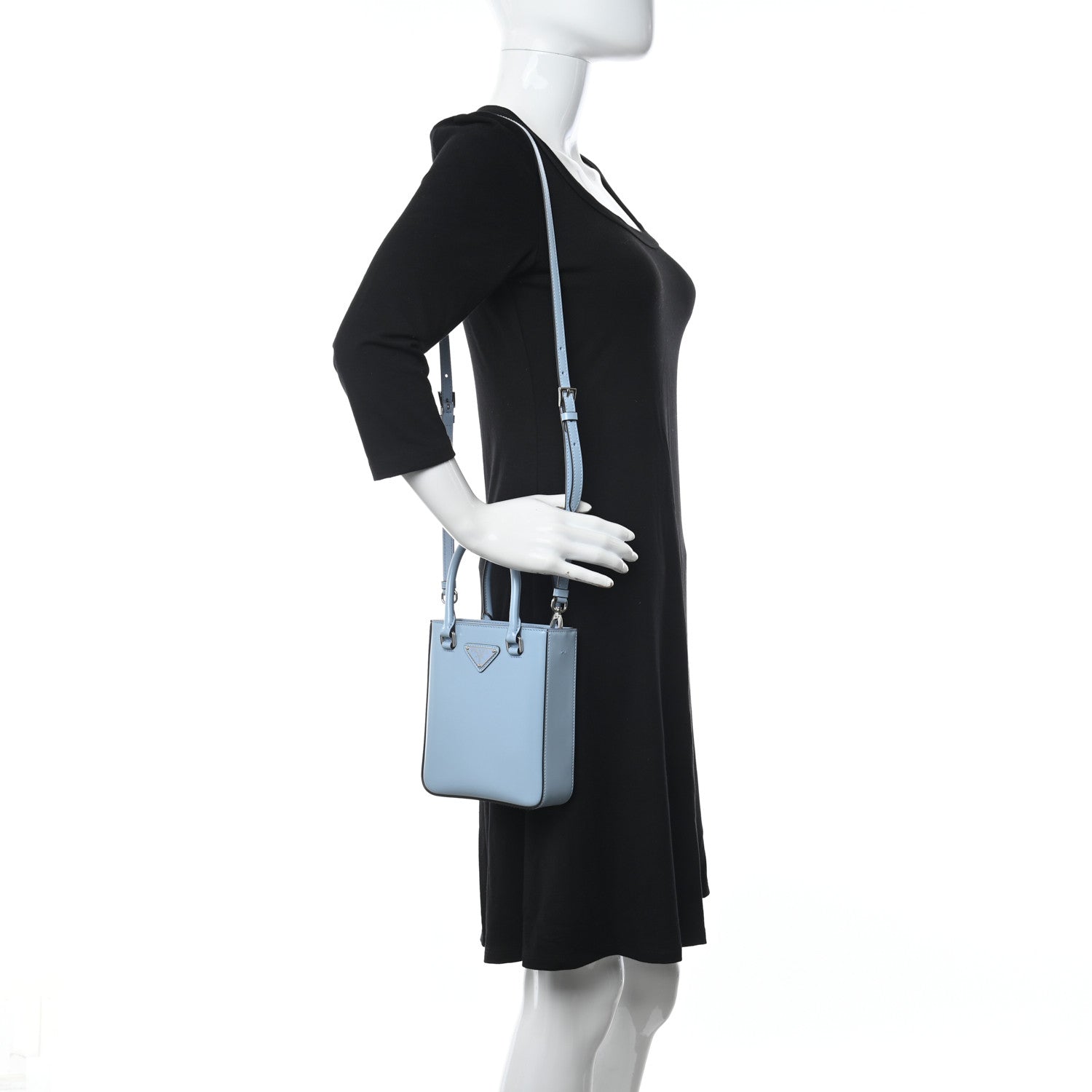 Prada Spazzolato Triangle Small Double Handle Crossbody Tote Celeste Black 2 of 9
