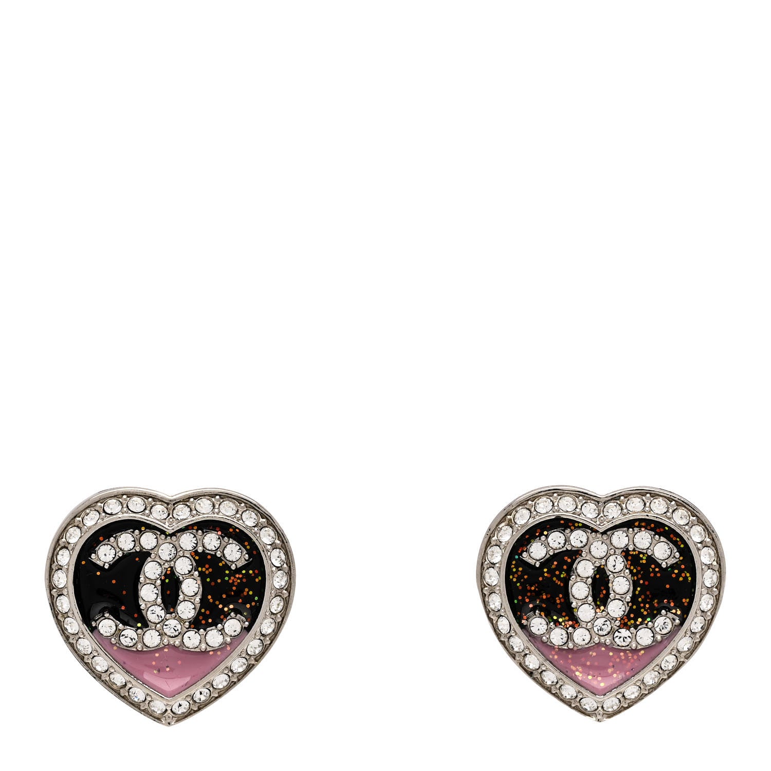Chanel Resin Crystal Glitter CC Heart Stud Earrings Silver Black Pink 1 of 5