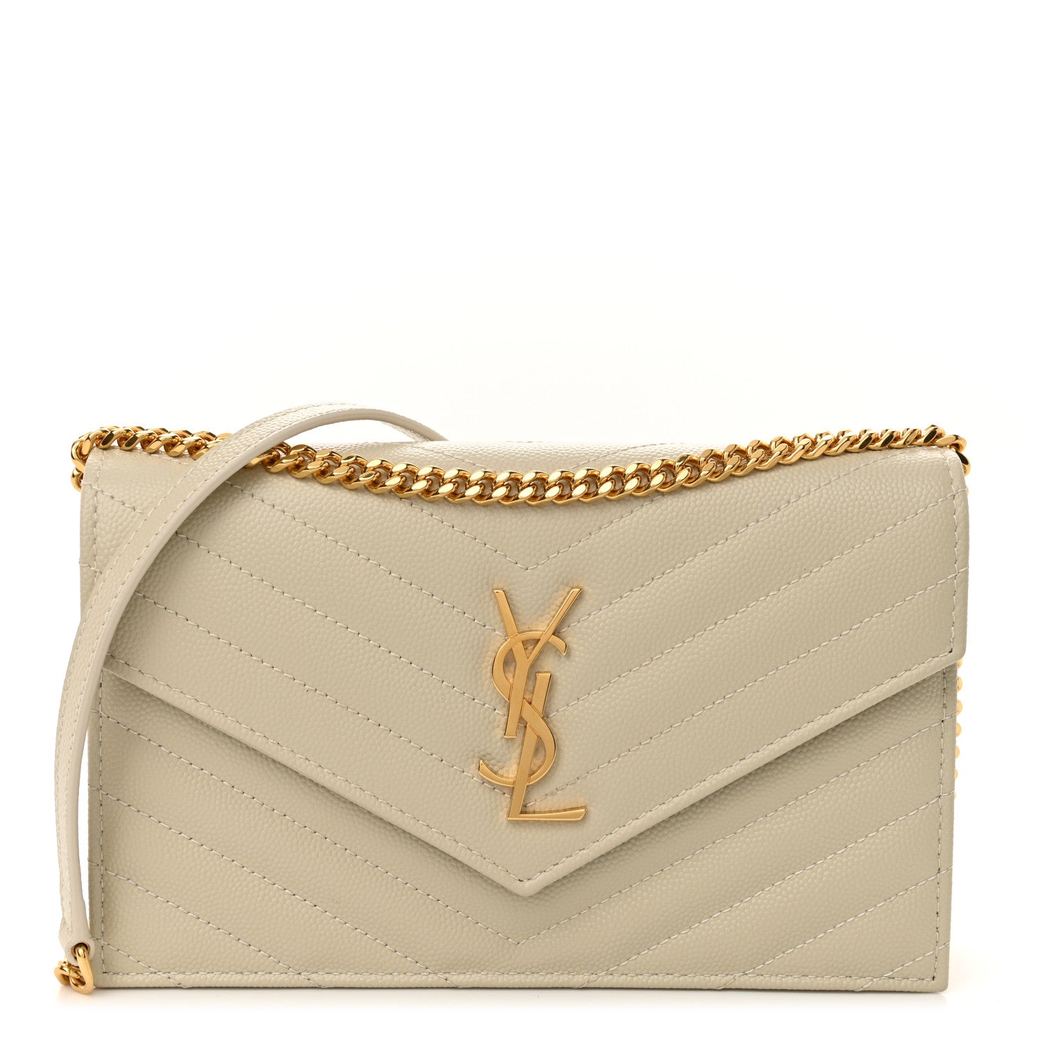 Saint Laurent Grain De Poudre Matelasse Chevron Monogram Envelope Chain Wallet Crema Soft 1 of 11