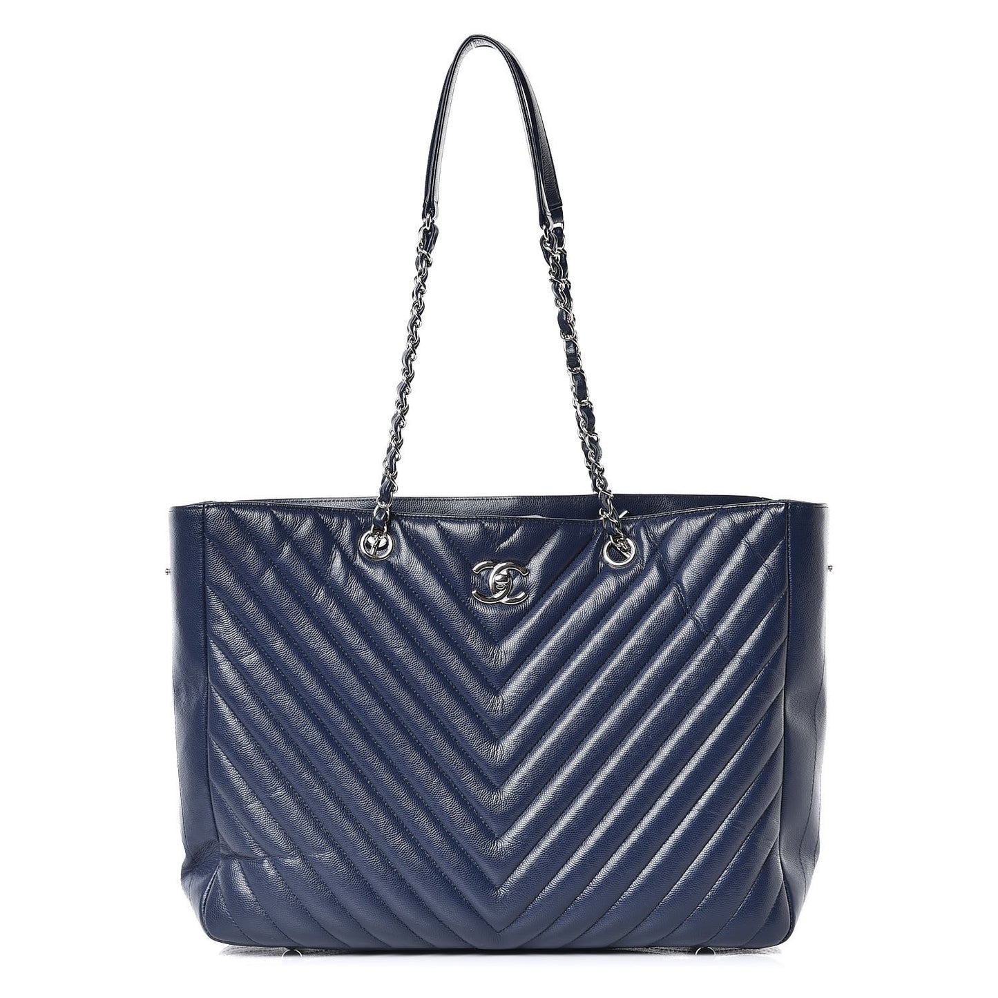 Caviar Chevron Quilted Timeless Tote Navy