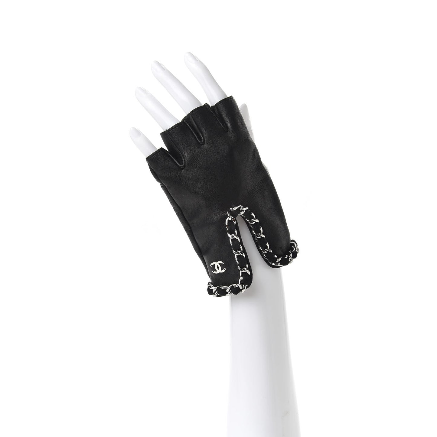 Lambskin Fingerless Chain CC Gloves 7.5 Black