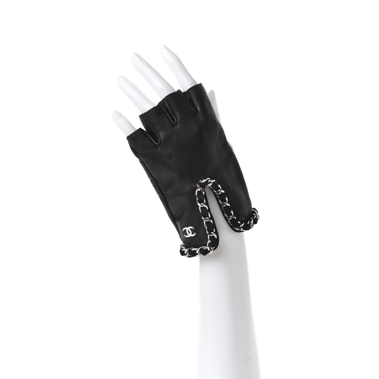 Chanel Lambskin Fingerless Chain CC Gloves 7.5 Black 2 of 6