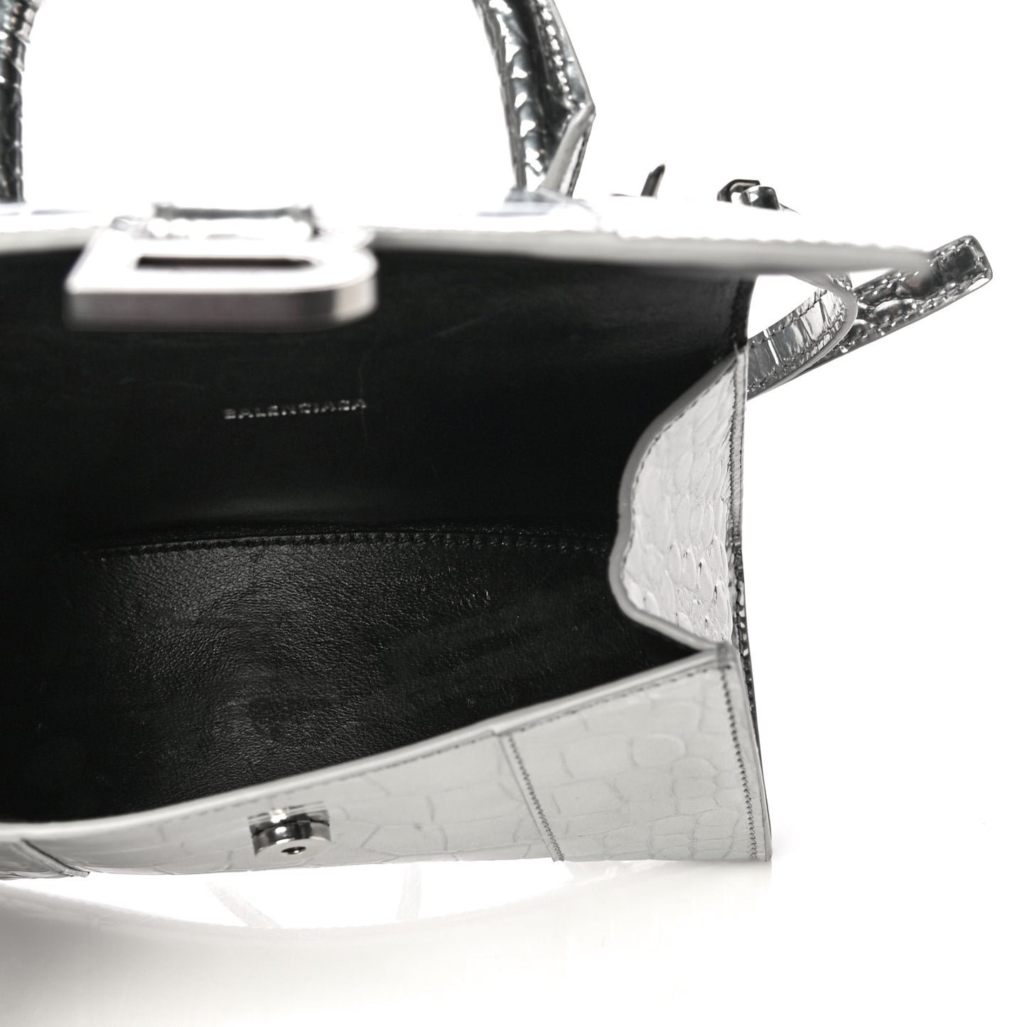 Metallic Calfskin Crocodile Embossed Hourglass Top Handle Bag XS Silver