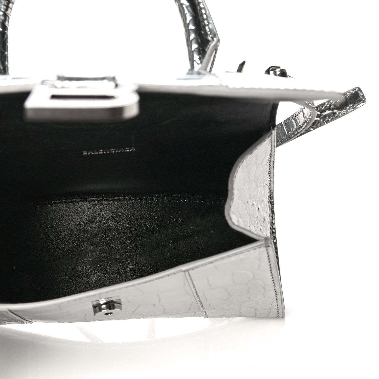 Balenciaga Metallic Calfskin Crocodile Embossed Hourglass Top Handle Bag XS Silver 5 of 9