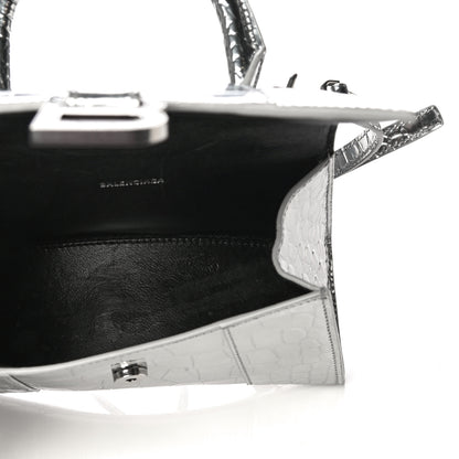 Balenciaga Metallic Calfskin Crocodile Embossed Hourglass Top Handle Bag XS Silver 5 of 9